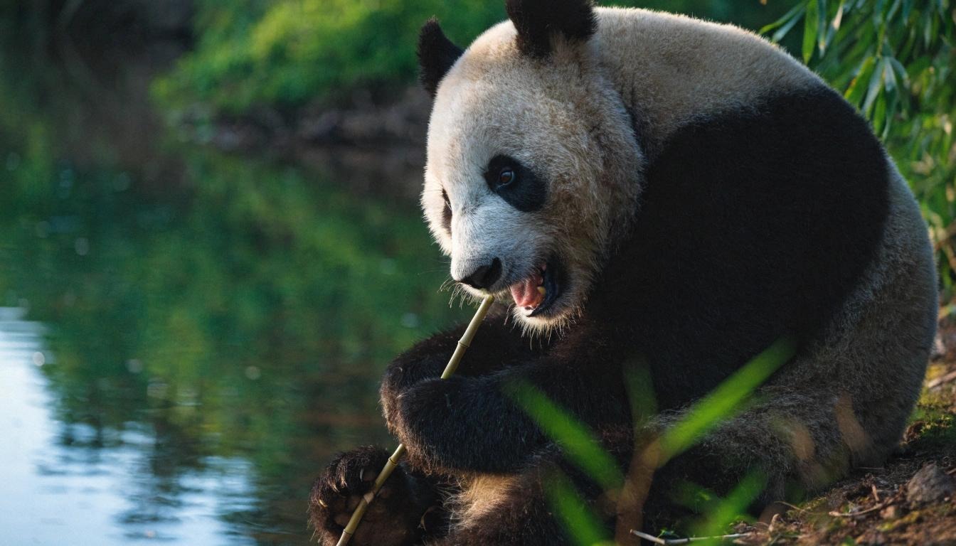 A giant panda resting among green bamboo
