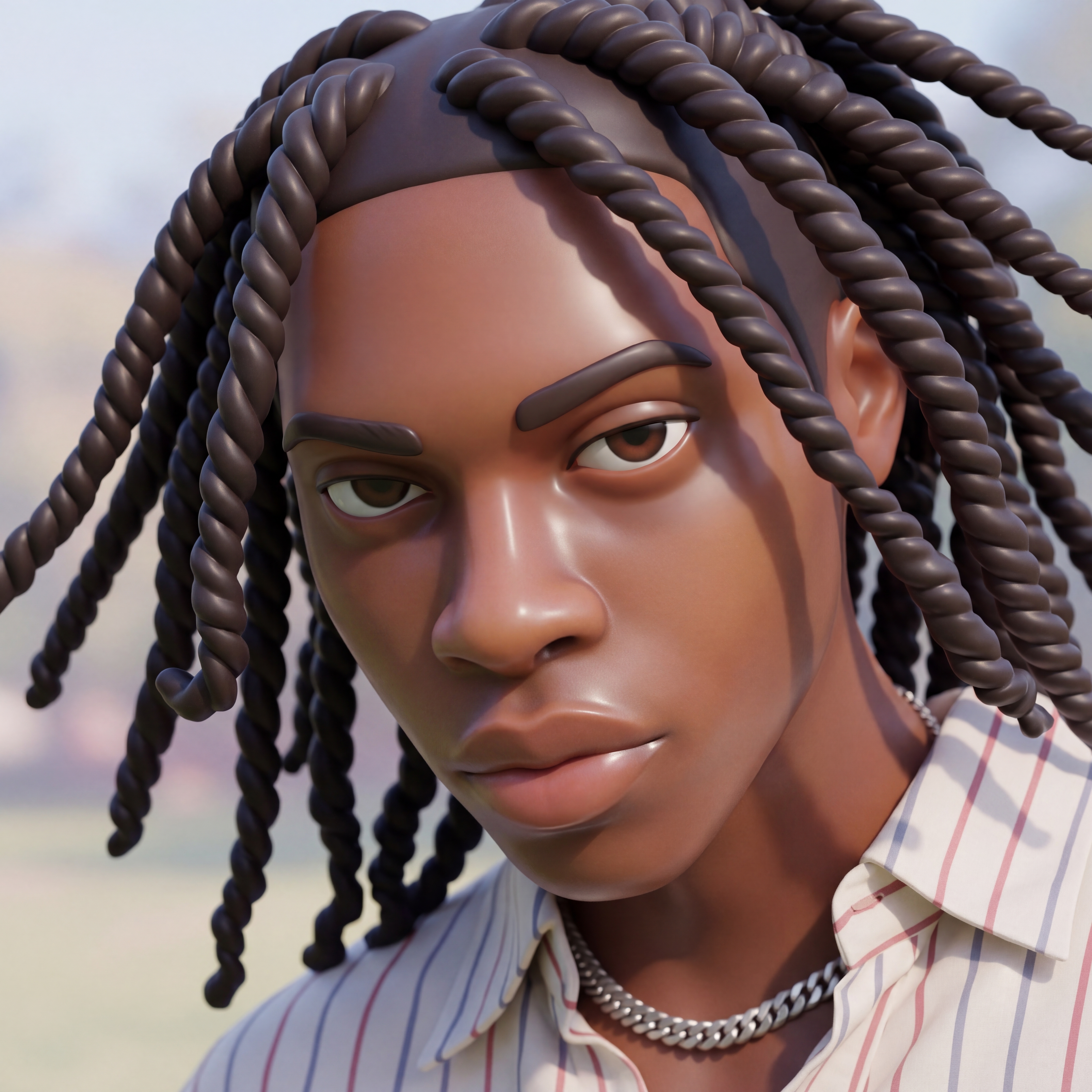 Stylized 3D character with pink hair